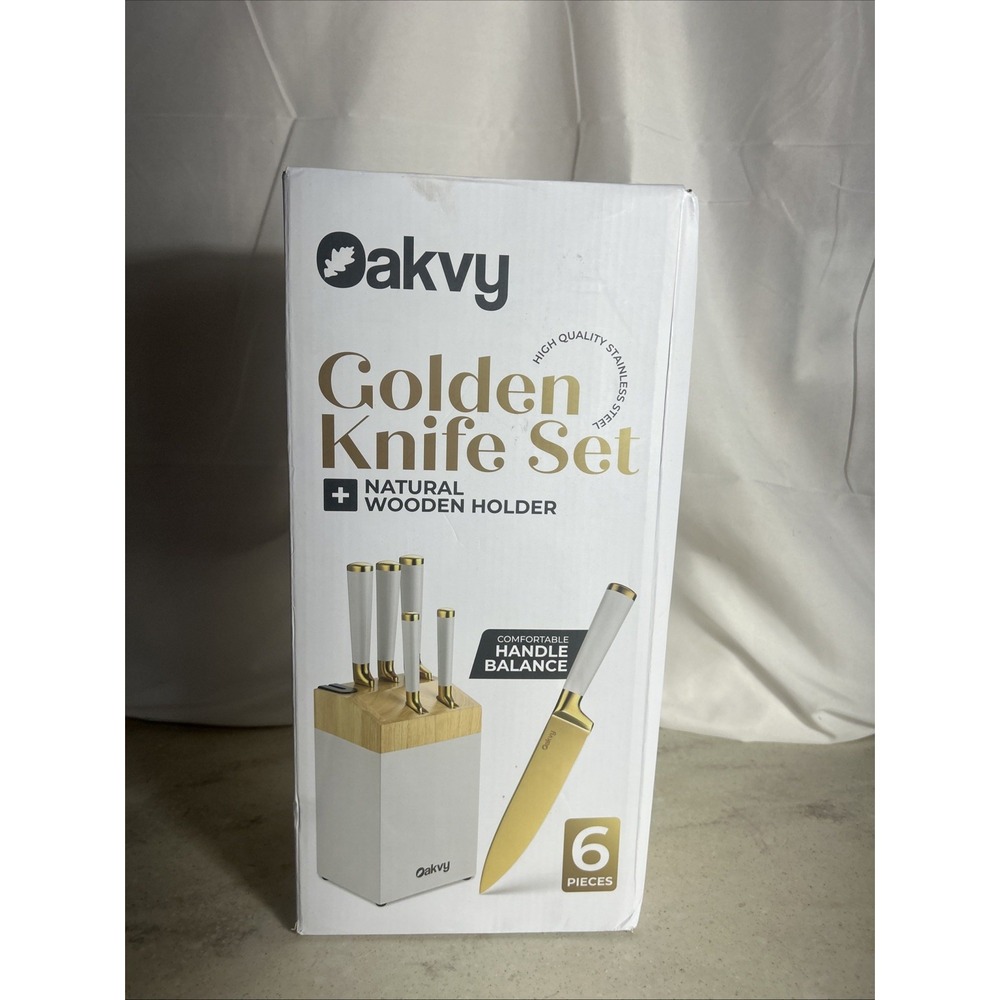Oakvy Golden Knife Set 6-Piece Gold w/ Wooden Knife Block, Serrated Edge